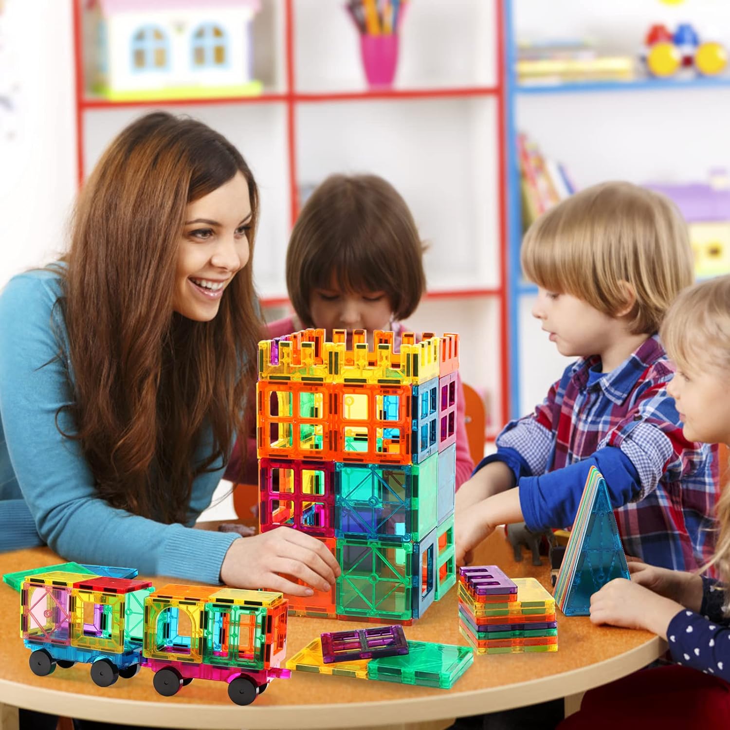 Children With Parents Playing With Magnetic Toys