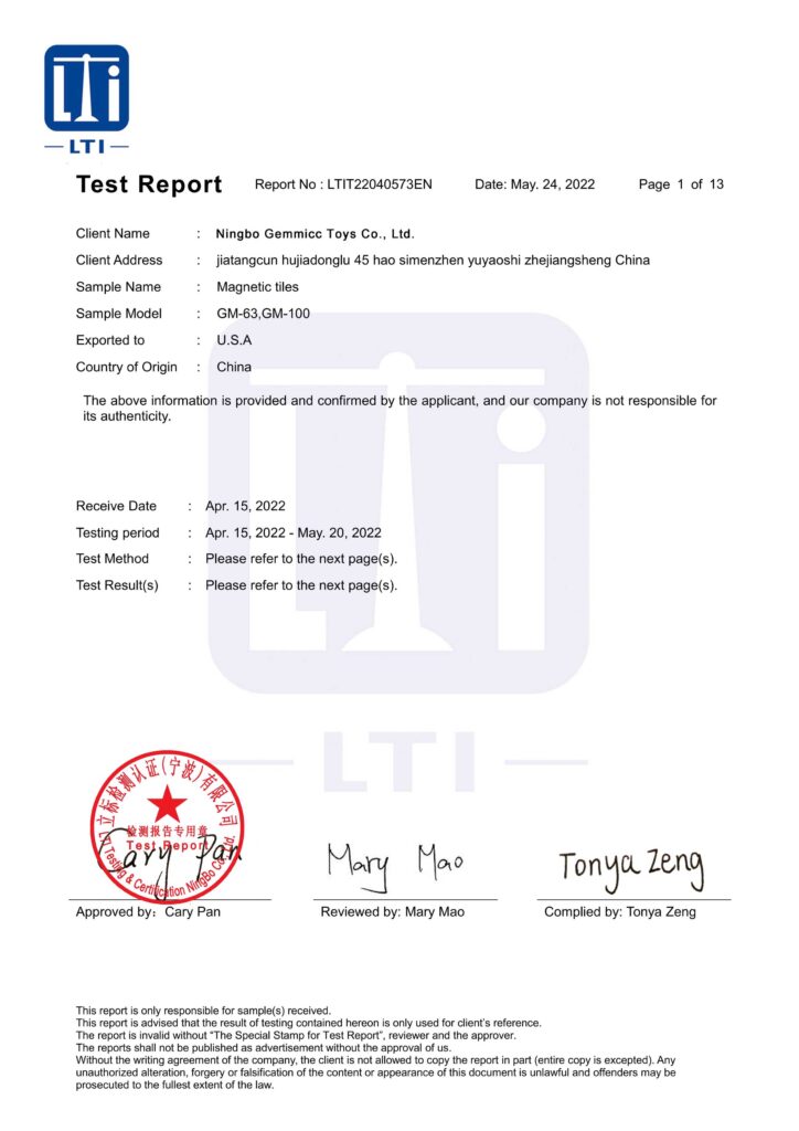 Magnetic Tiles Test Report USA
